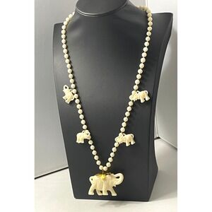 Vintage Elephant Necklace Charm Beaded Resin Rose Beads 24 Inch Light